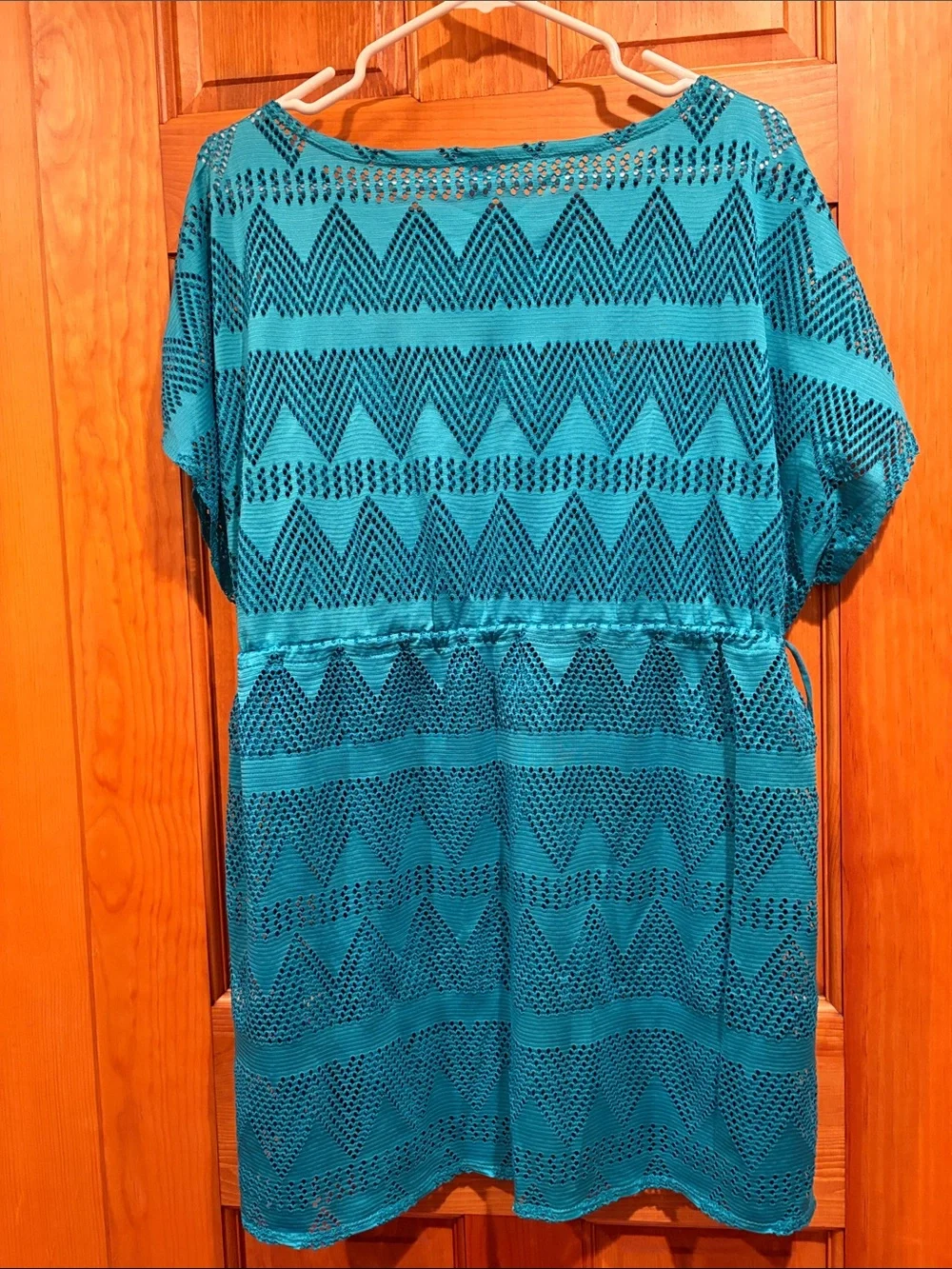 Women’s Teal Crochet Beach Cover-Up with Neon Tassel Drawstring - Picture 2 of 10